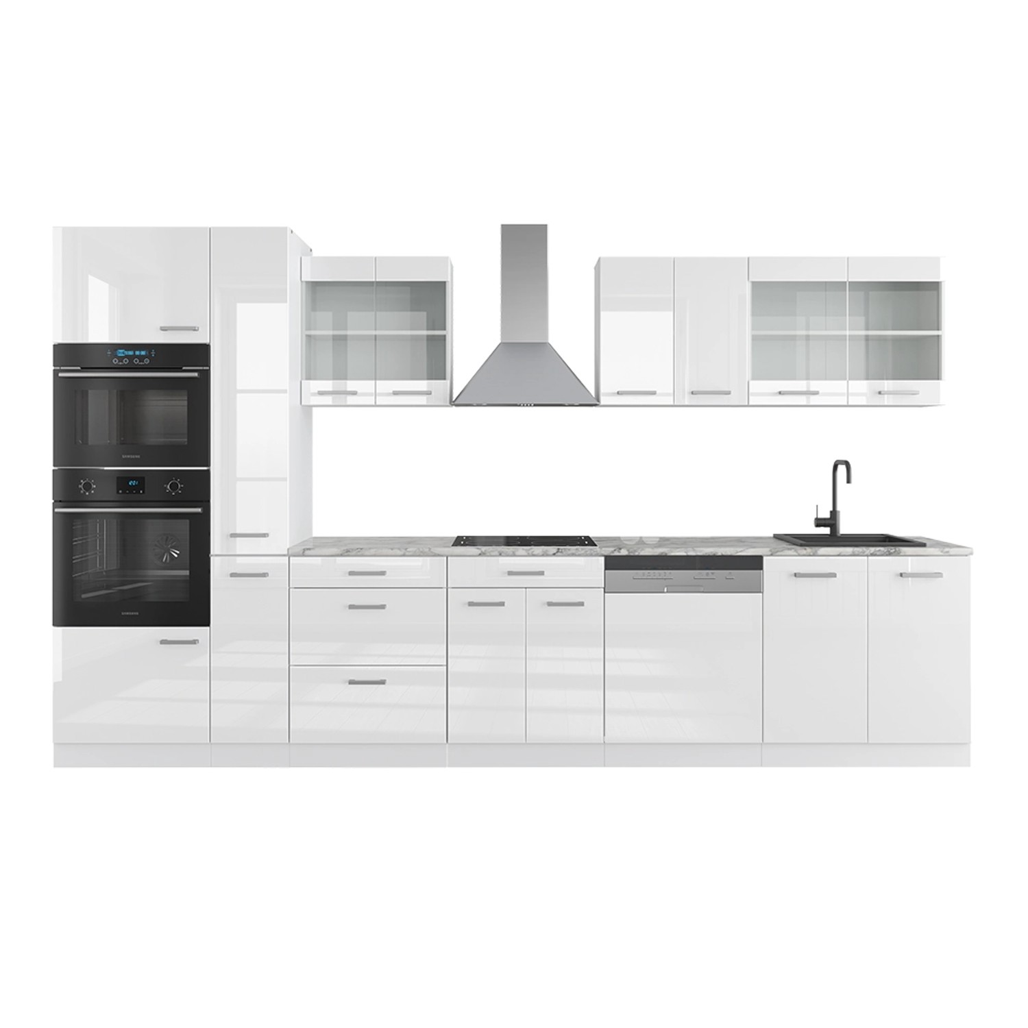 Vicco R-Line Küchenzeile Weiß Hochglanz/Weiß 350 cm mit HochschrankAP Marmo günstig online kaufen