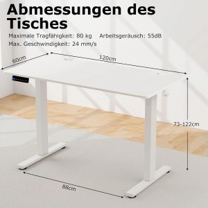 Costway Höhenverstellbarer Schreibtisch 120 x 60 cm mit 2 Haken Weiß