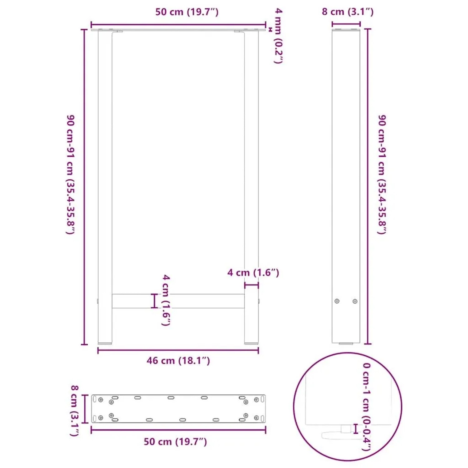 vidaXL Bartischbeine, 2 Stk., schwarz, Stahl, Maße: 50x90-91 cm. Möbelbeine für Bartische.