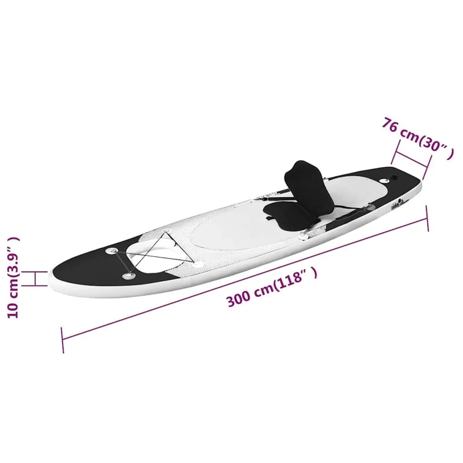 Aufblasbares, schwarzes SUP-Board-Set (300x76x10 cm) mit Sitz für Wassersport.