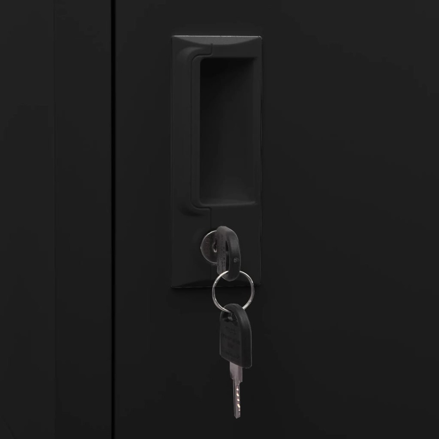 Detailaufnahme: Schwarzer vidaXL Sattelschrank aus Stahl mit Schlüssel im Schloss.