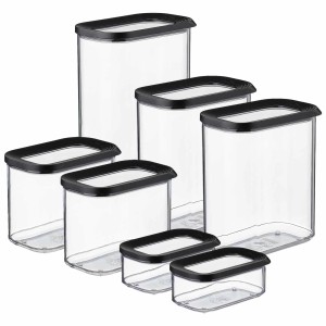 Mepal Modula Vorratsdosen-Set, 7-teilig, schwarz. Küchenaufbewahrung mit transparenten Dosen und schwarzen Deckeln.