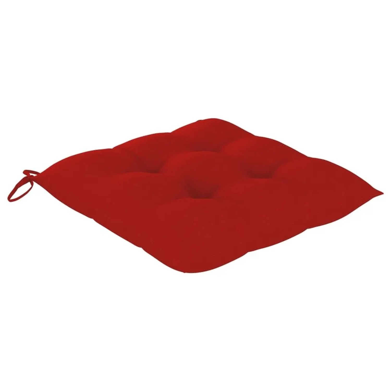 Rotes Sitzkissen für Gartenstühle, quadratisch mit Knöpfen und Bindebändern.