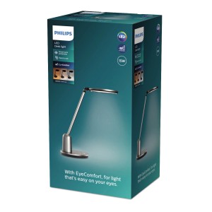 Verpackung der dunkelgrauen Philips Einstein LED-Tischleuchte mit Netzkabel, 15W, 2800-5100 K, 630 lm.