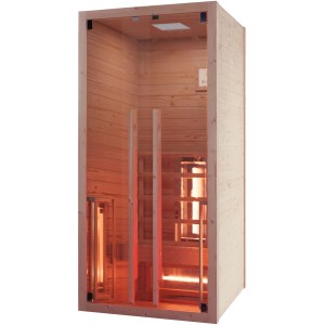 Eilo Infrarotkabine EL 101 aus Fichte, 90x90 cm, mit Glasfront und Infrarotstrahler.
