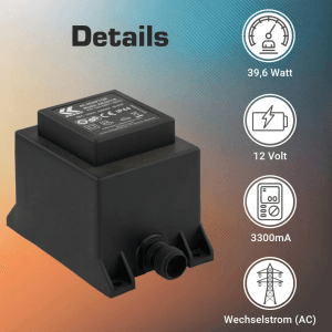 Schwarzer Kerry Electronics Trafo 39,6W 12V für Elektroinstallation, wetterfest IP44.