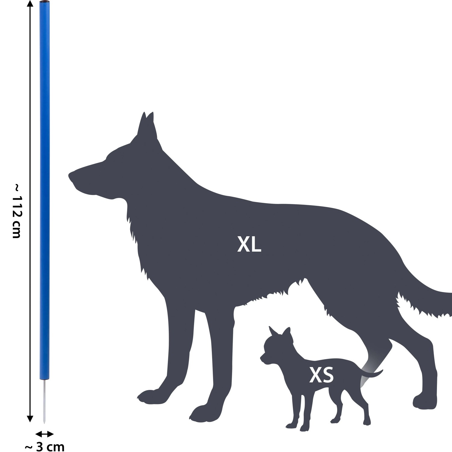 Dobar Agility Slalom Set, 12 blaue Stangen mit Erdspieß und Größenvergleich zu Hunden.