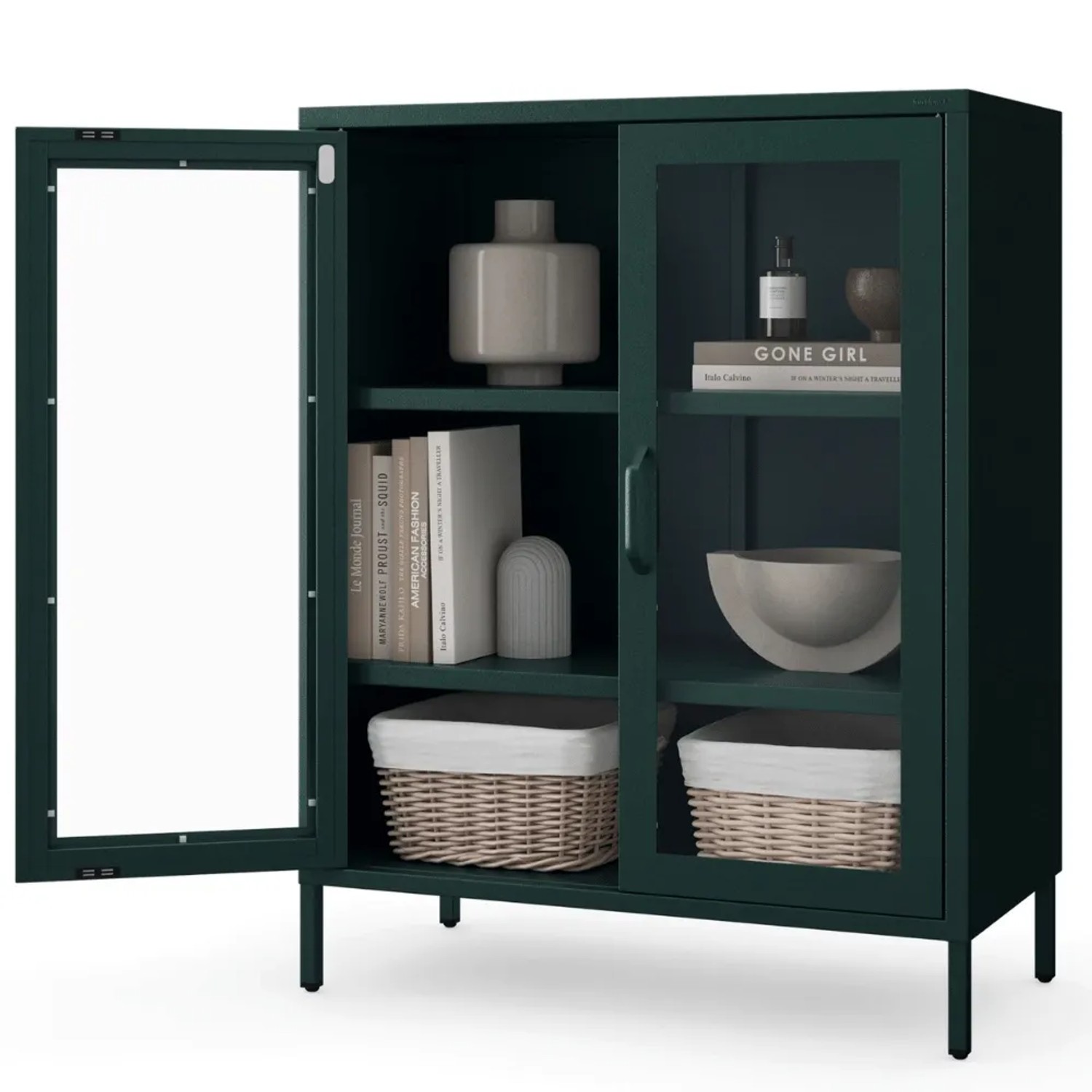 JAN NOWAK Vitrinenschrank Wohnzimmer Klein GINA 101,5 x 80 x 40 cm DunkelGrünfarbig