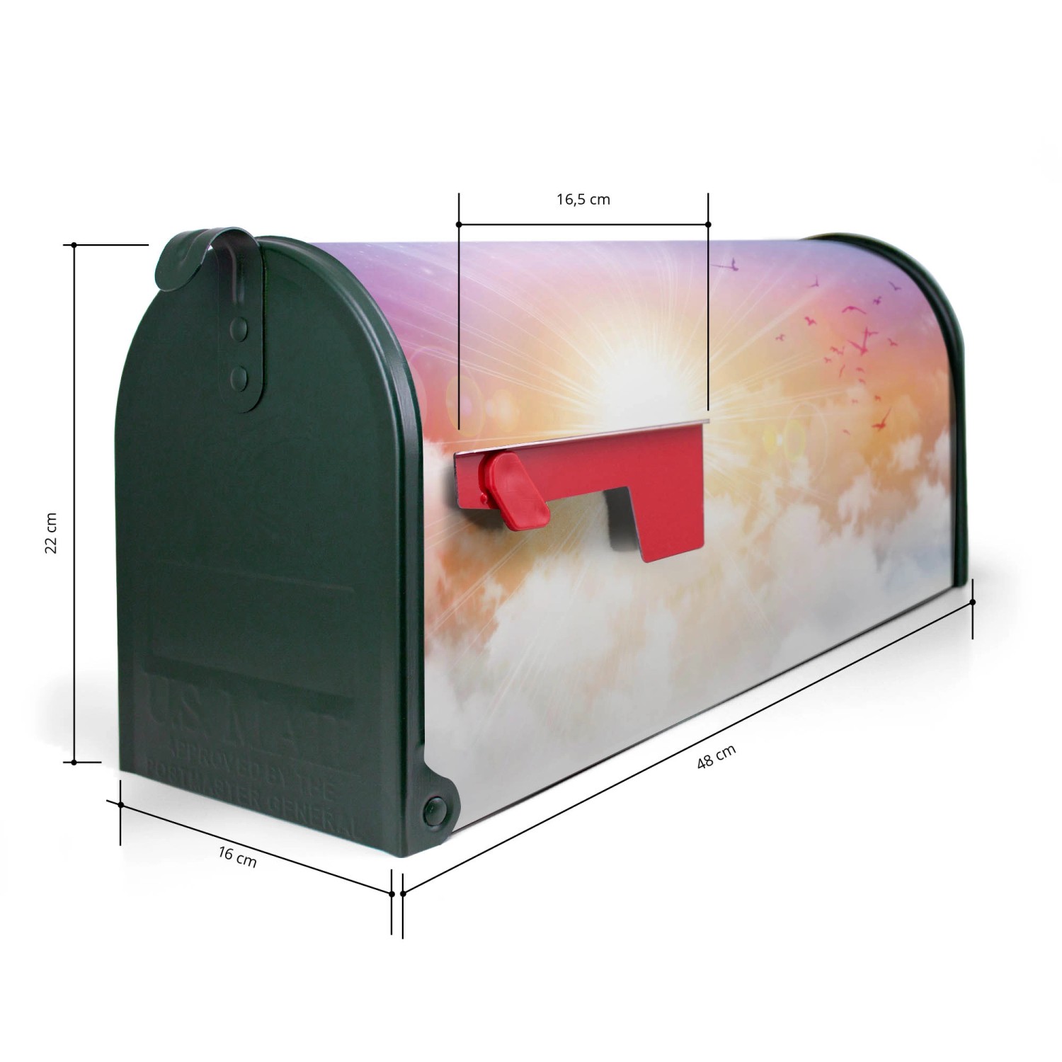 Grüner US Briefkasten mit Motiv Vögel am Himmel, 48x22x16cm, Stahl pulverbeschichtet.