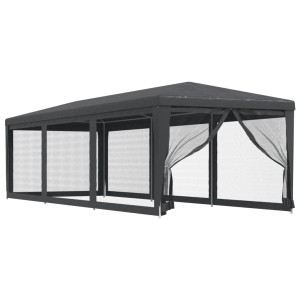 Anthrazitfarbenes Partyzelt 3x9 m mit Mesh-Seitenwänden für Sonnenschutz.