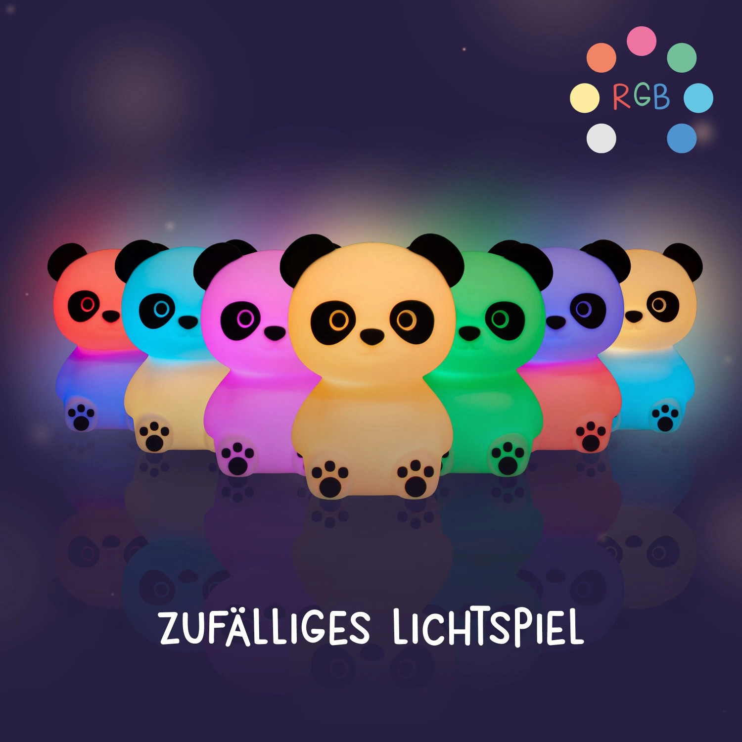 Mehrere leuchtende Panda LED Nachtlichter in verschiedenen Farben, mit RGBW Farbwechsel und Dimmfunktion für Kinderzimmer.