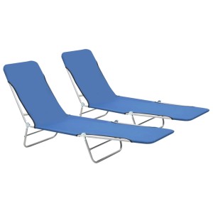 Zwei blaue Klappliegen aus Stahl und Stoff für Garten oder Strand.