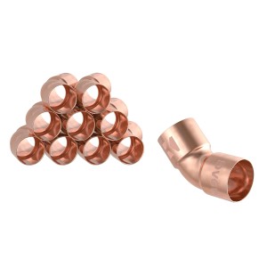 10er Set Kirchhoff Kupfer Bogen 45° 15mm, blanke Lötfittings mit Muffen für Sanitär- und Heizungsinstallation.