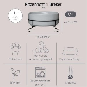 Ritzenhoff & Breker Taro Hundenapf mit Halter, 22cm, Steingut, grau. Für große Hunde.