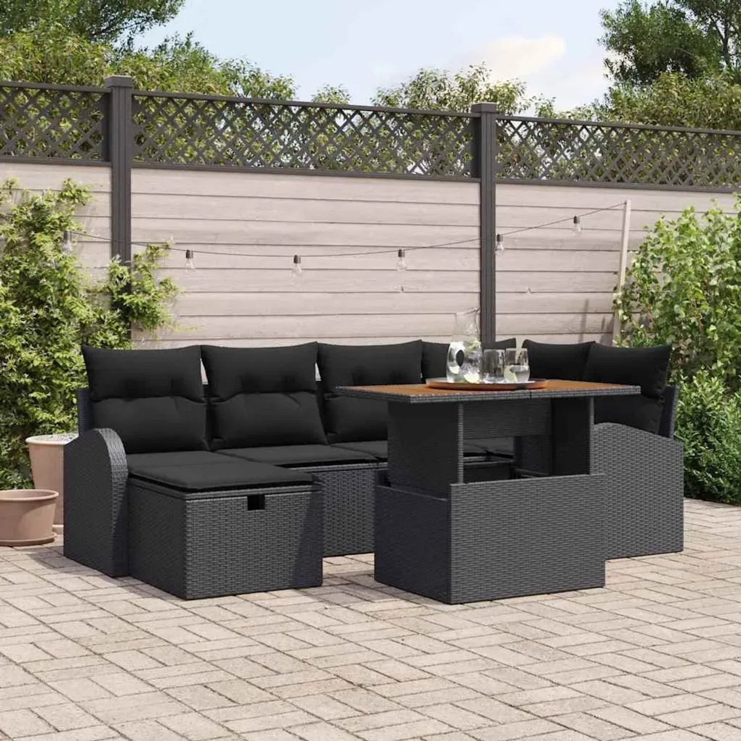 vidaXL Garten-Sofa-Set, 7-teilig, schwarz, Poly Rattan. Gartenmöbel mit Tisch und Sitzkissen.