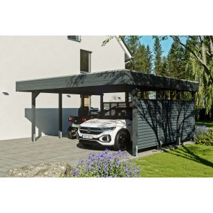 Anthrazitfarbener Skan Holz Carport Friesland Hybrid mit Seitenwand und zwei Fahrzeugen.