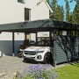 Anthrazitfarbener Skan Holz Carport Friesland Hybrid mit Seitenwand und zwei Fahrzeugen.