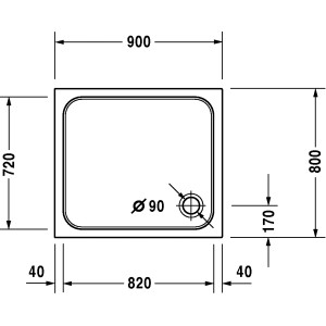 Technische Zeichnung der Duravit D-Code Duschwanne, 90x80 cm, mit Maßangaben.