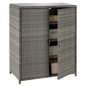 Grauer Tectake Gartenschrank Monza aus Polyrattan mit Glasplatte und geöffneter Tür.