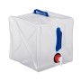 Faltbarer, transparenter Wasserkanister mit blauem Griff und rotem Hahn für Camping, 20L.