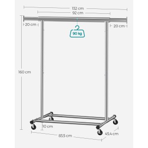 Songmics Kleiderständer Silber mit Rollen, ausziehbar bis 132cm, belastbar bis 90kg.