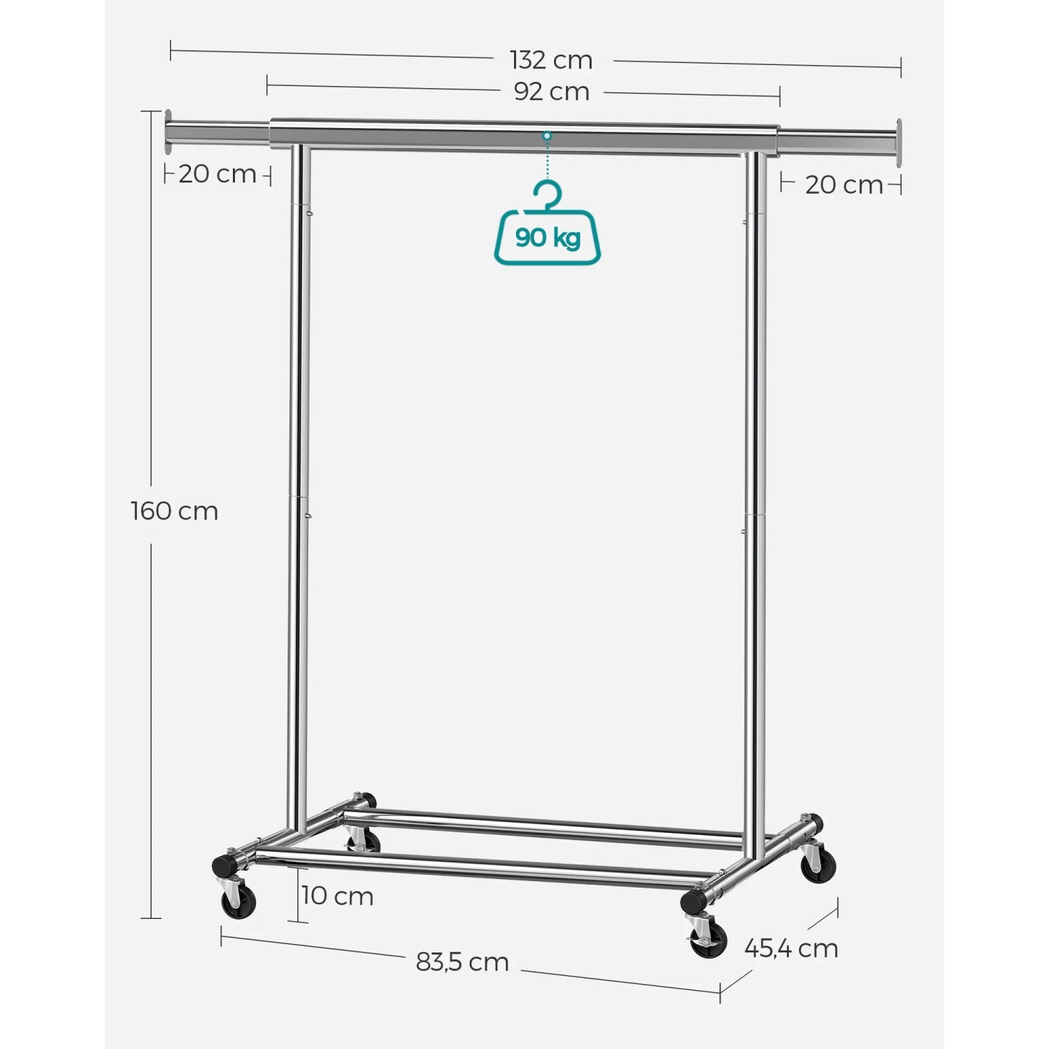 Songmics Kleiderständer Silber mit Rollen, ausziehbar bis 132cm, belastbar bis 90kg.