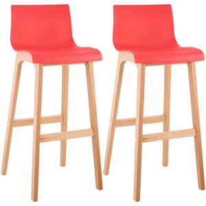 Rotes 2er Set Barhocker Hover mit Kunststoff-Sitzschale und hellem Vierfußgestell aus Holz. Modern.
