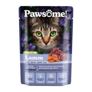 Pawsome Katzen-Nassfutter Adult Lamm, 85g Packung mit Lammstückchen und Karotten.