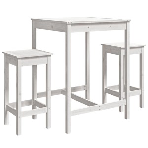 Weißes 3-tlg. Gartenbar-Set aus Kiefernholz mit Tisch und zwei Barhockern.