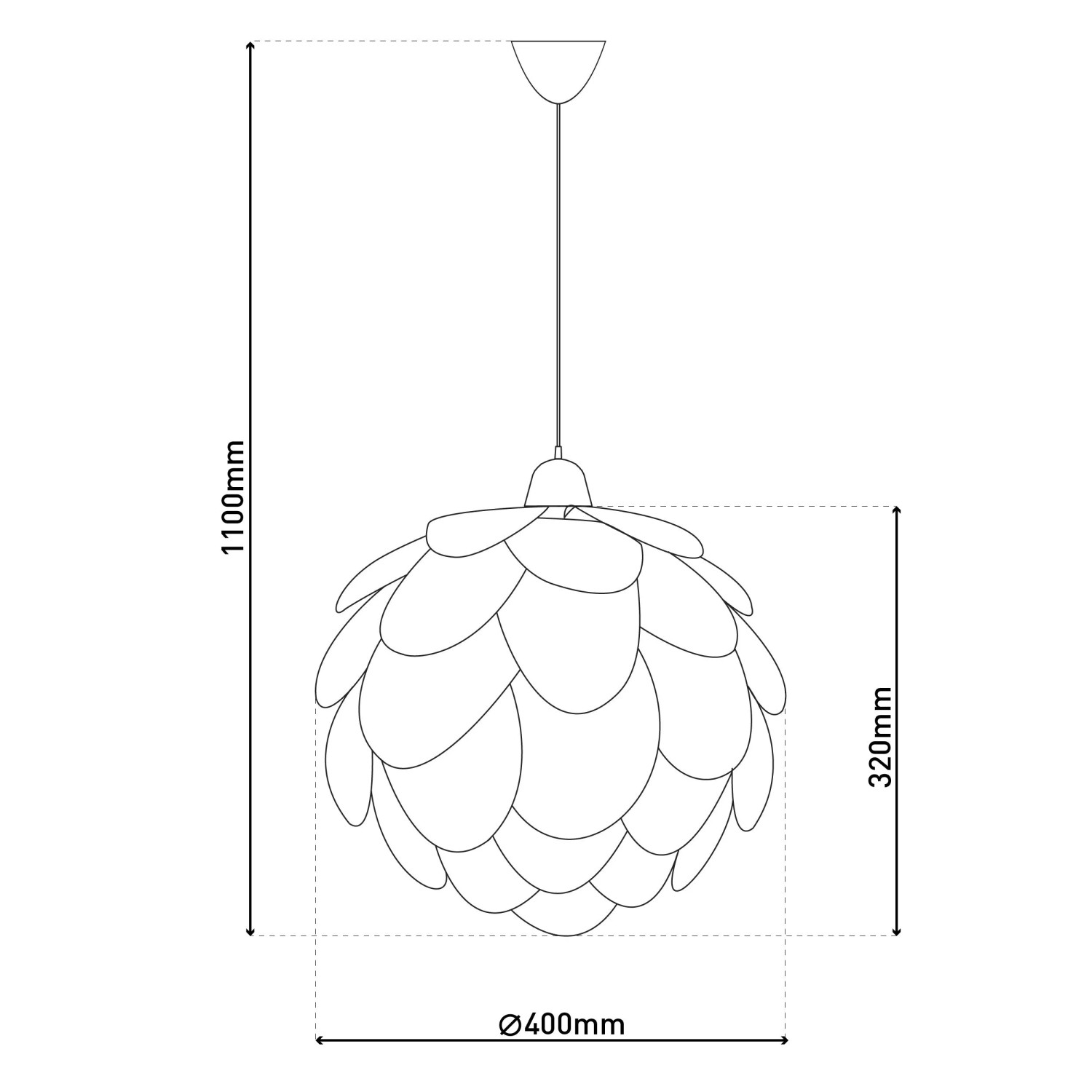 Technische Zeichnung der Näve Pendelleuchte Foglia Nussbaum-Braun. Runde Lampe im Skandi-Stil, Ø40cm, H110cm.