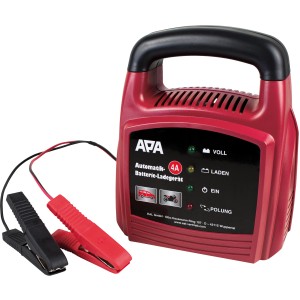 APA Automatik-Batterieladegerät 12V 4A in Rot/Schwarz mit Ladezangen und LED-Anzeige.