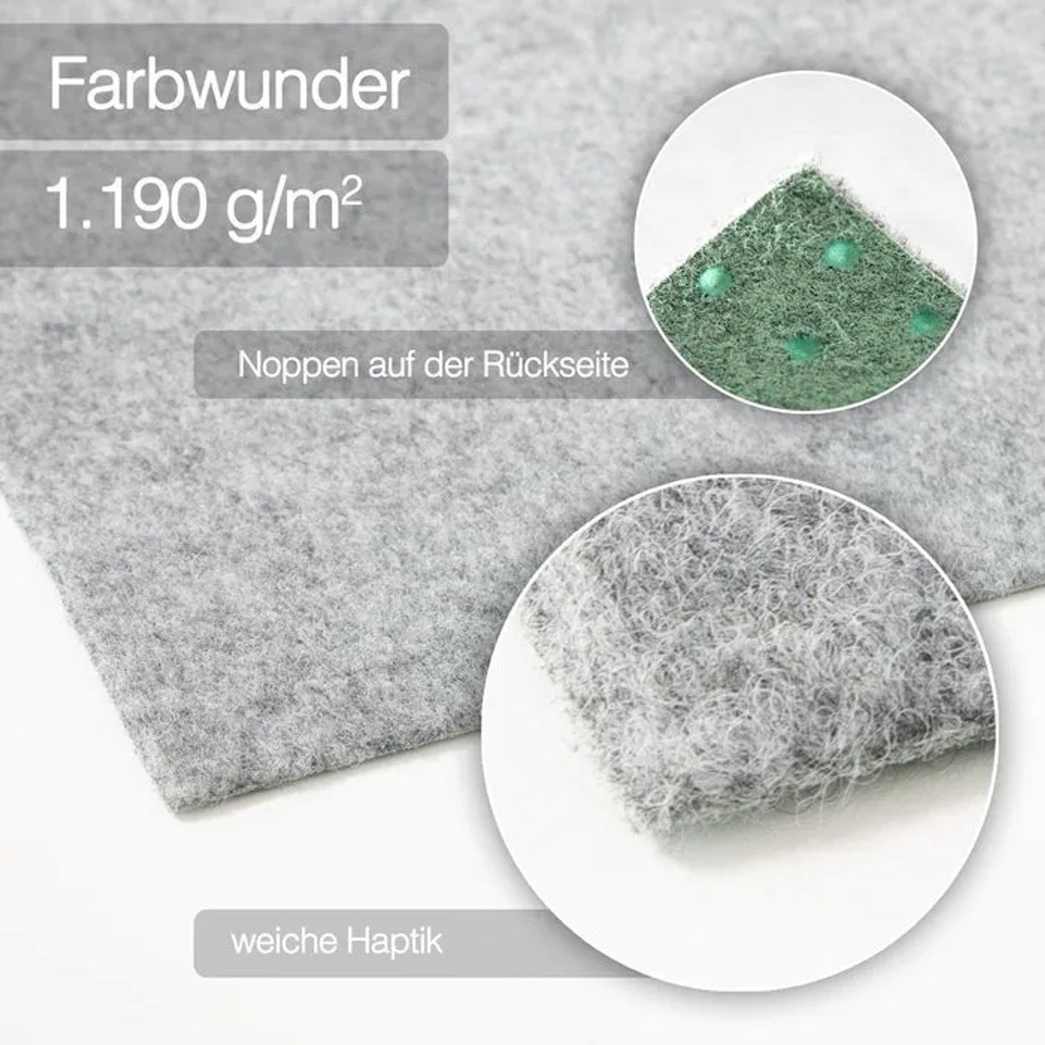 Detailansicht: Grauer Karat Rasenteppich Farbwunder PRO mit weicher Haptik und Noppen auf der Rückseite.