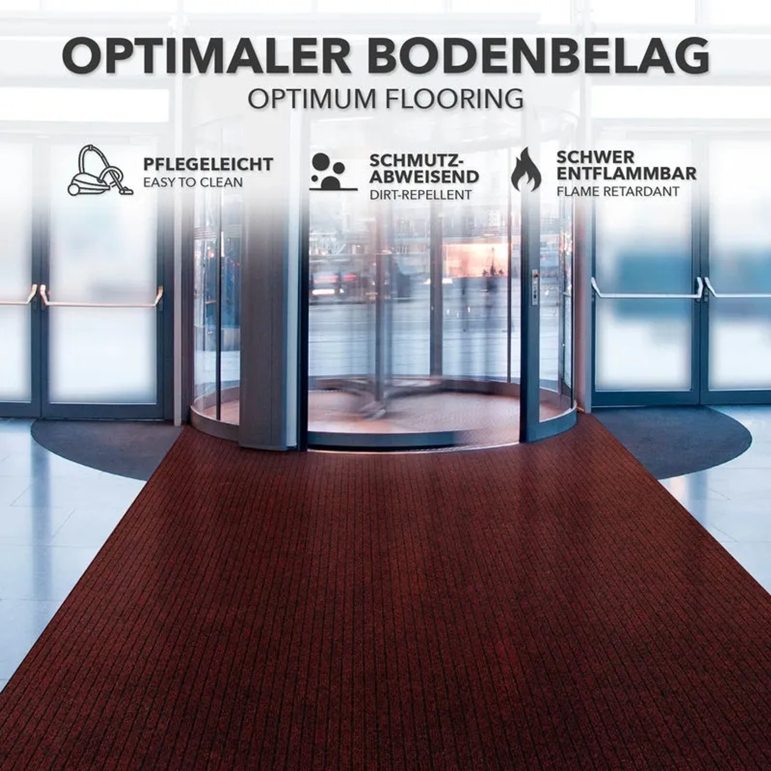 Roter KARAT Eventteppich Atlas vor Eingang mit Drehtür, pflegeleicht und schwer entflammbar.