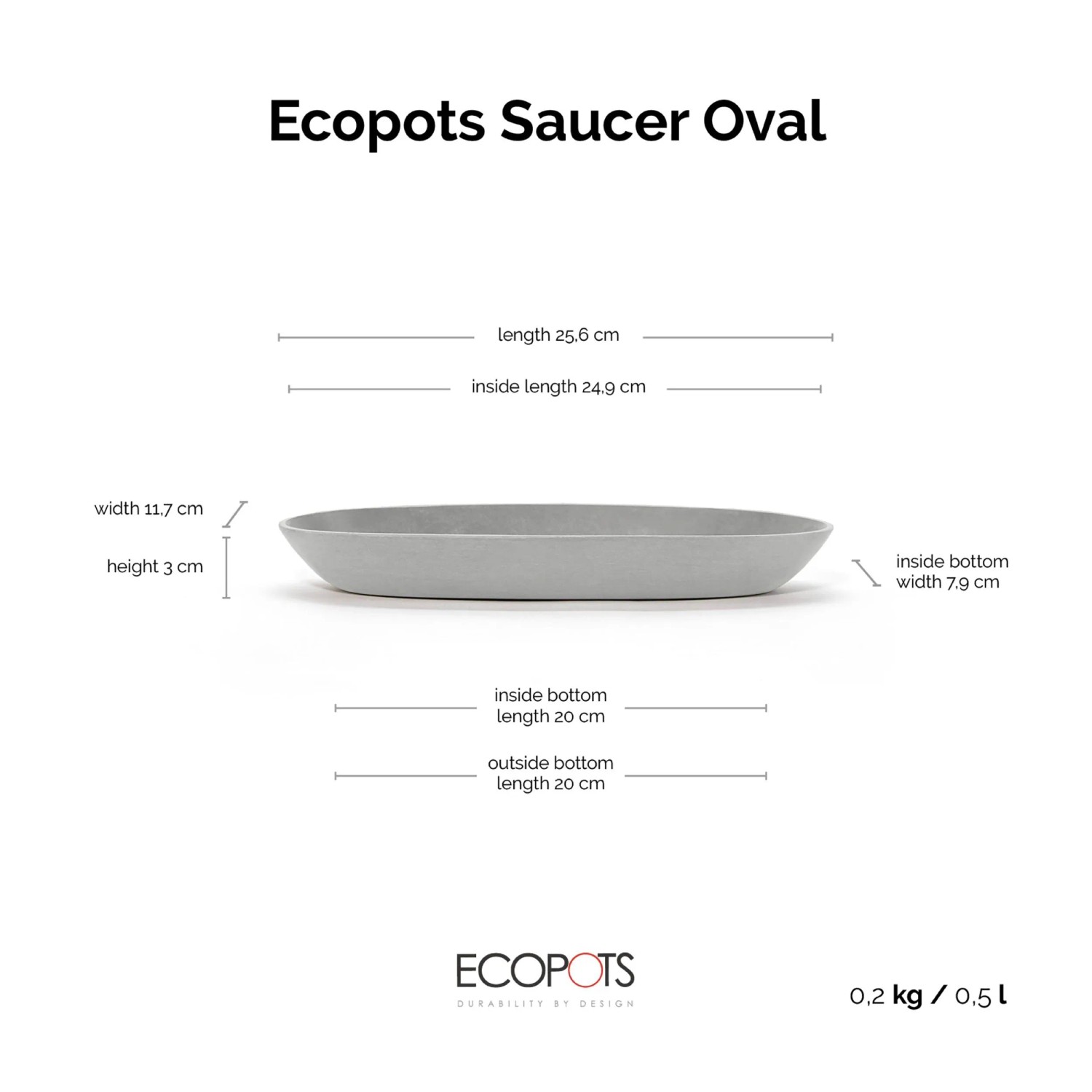 Ovaler, weißgrauer Ecopots Untersetzer Sofia, 26 cm, für Innen- und Außenbereich.