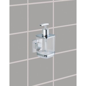 Wenko Vacuum-Loc® Seifenspender Quadro aus Edelstahl und transparentem Kunststoff.