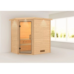 Karibu Sauna Svea mit LED-Dachkranz, Naturholz, Eckeinstieg und Glastür.