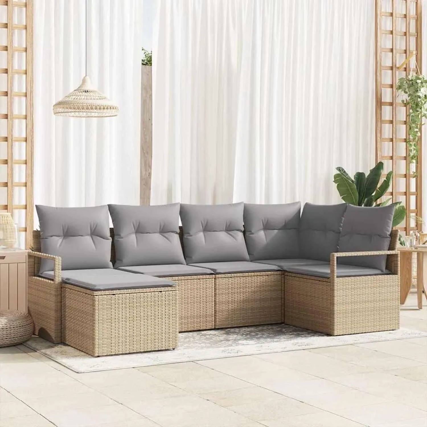 Beiges 6-teiliges vidaXL Garten-Sofa-Set aus Polyrattan. Modulares Lounge-Set mit grauen Kissen für Terrasse und Garten.