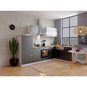 Respekta Winkelküche in Grau-Weiß mit Arbeitsplatte in Nussbaum-Optik und Elektrogeräten.