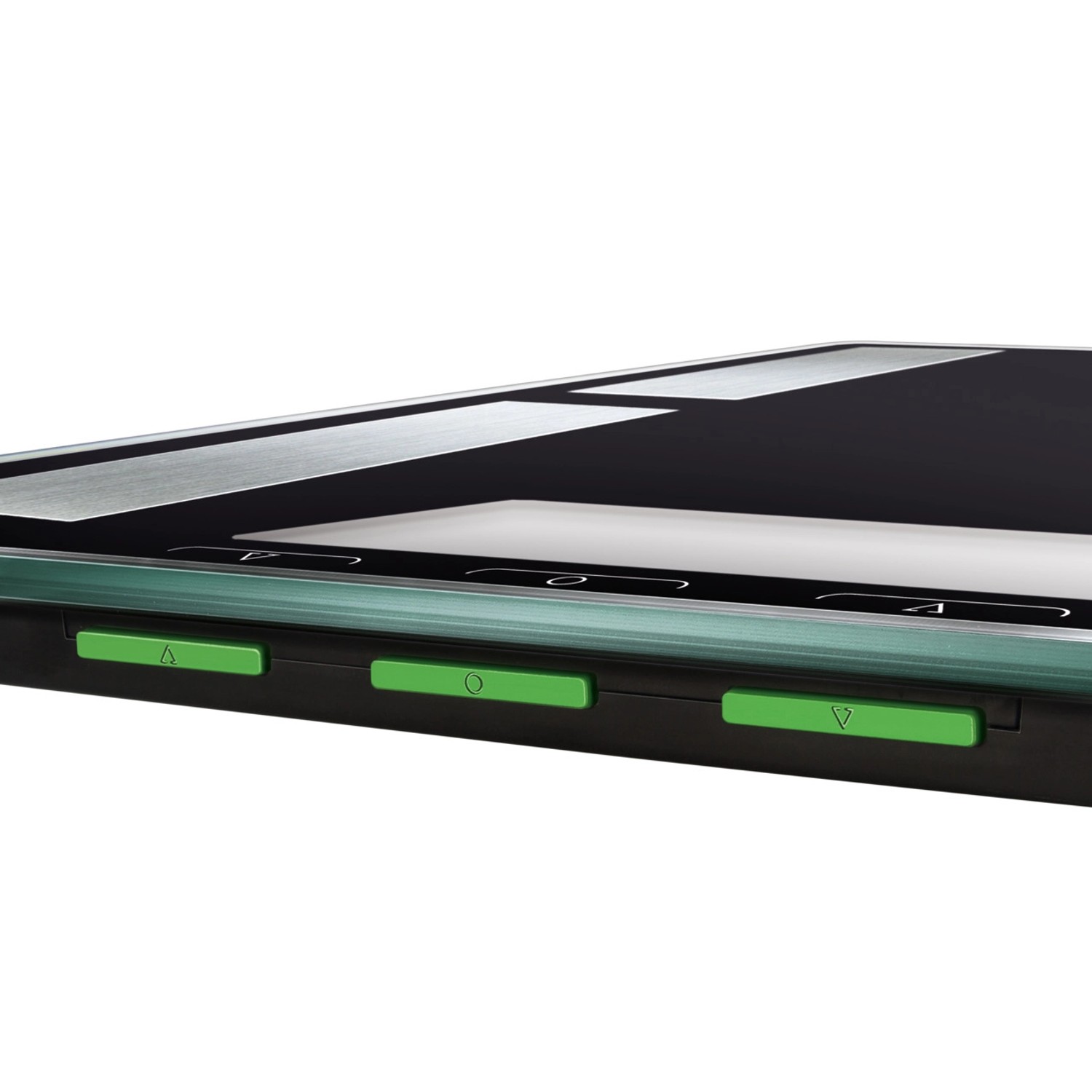 Detailansicht der Leifheit Shape Sense Connect 50 Personenwaage mit grünen Funktionstasten.