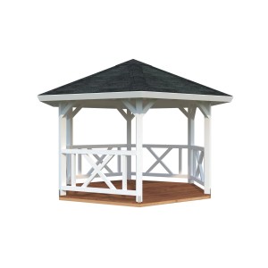 Palmako Pavillon Betty, 384x337 cm, weiß lackiert, mit Geländer und dunklem Dach.