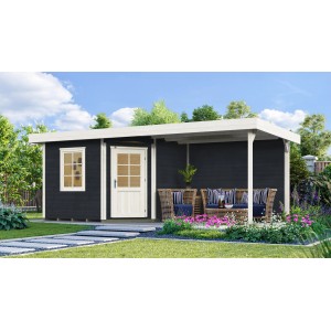 Modernes Weka Gartenhaus San Remo A in Anthrazit-Weiß mit Terrasse und Gartenmöbeln.