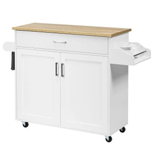 Weißer Costway Küchenwagen mit heller Holz-Arbeitsplatte, Schublade, Schrank, Rollen, Handtuch- und Gewürzregal.