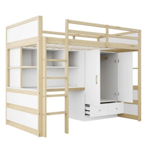 Merax Hochbett 90x200cm in Holzoptik/Weiß mit Schreibtisch, Schrank und Leiter; ideal für Kinderzimmer.