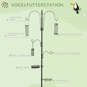 PawHut Vogel Futterstation mit 4 Haken und Futterspendern für verschiedene Futtersorten.