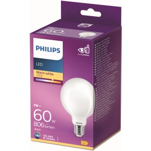 Philips LED-Leuchtmittel E27 in Globeform, 7W, warmweiß, in Produktverpackung.
