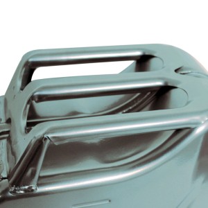Detailansicht des silbernen TRUTZHOLM Metallkanisters (20 Liter) mit Griff.