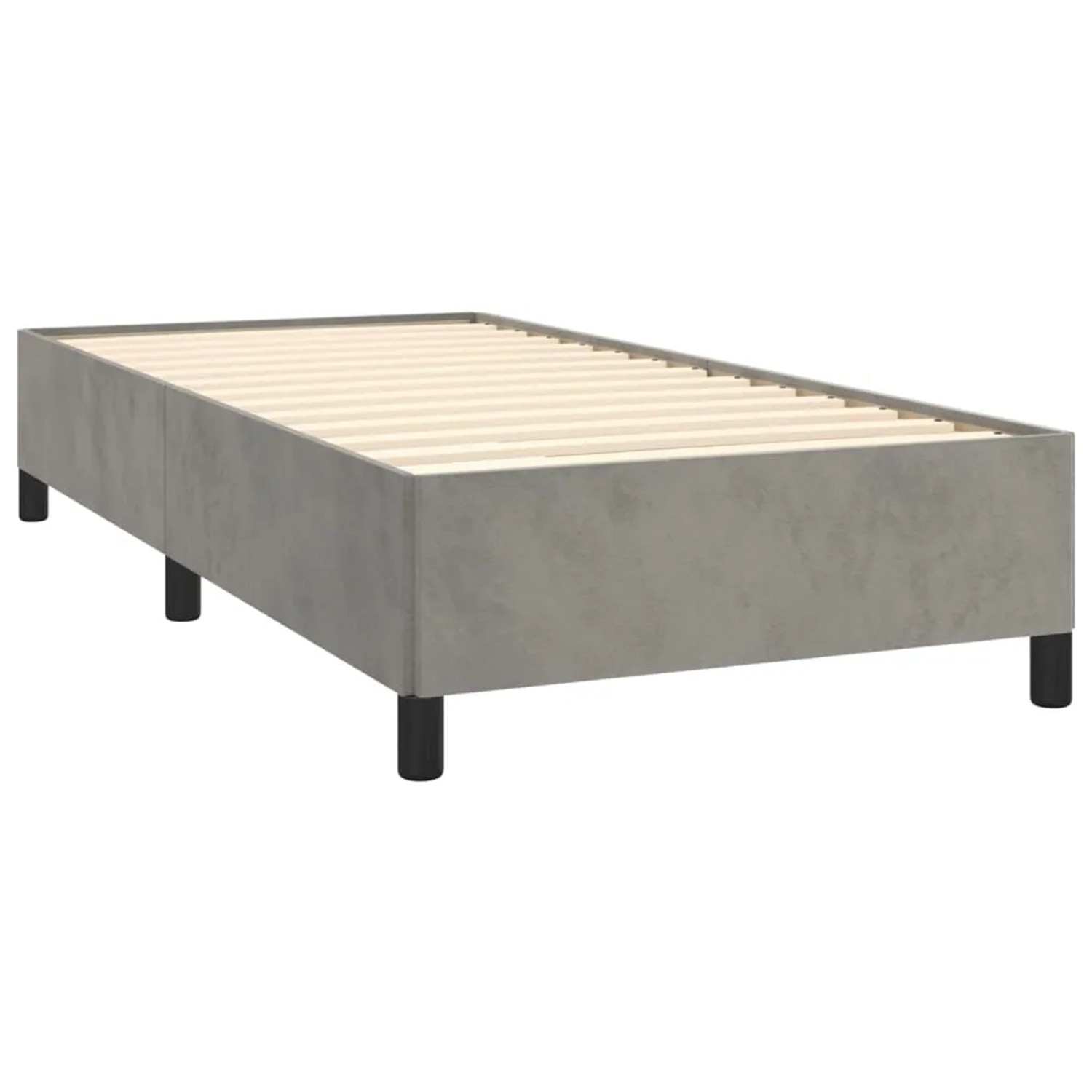 Hellgraues vidaXL Boxspringbett 90x200 cm mit Lattenrost und schwarzen Füßen.
