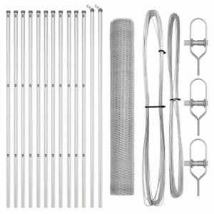 vidaXL Zaunpfosten Set, silberfarben, mit Zaunrolle, Draht und Zubehör für Zaunbau.