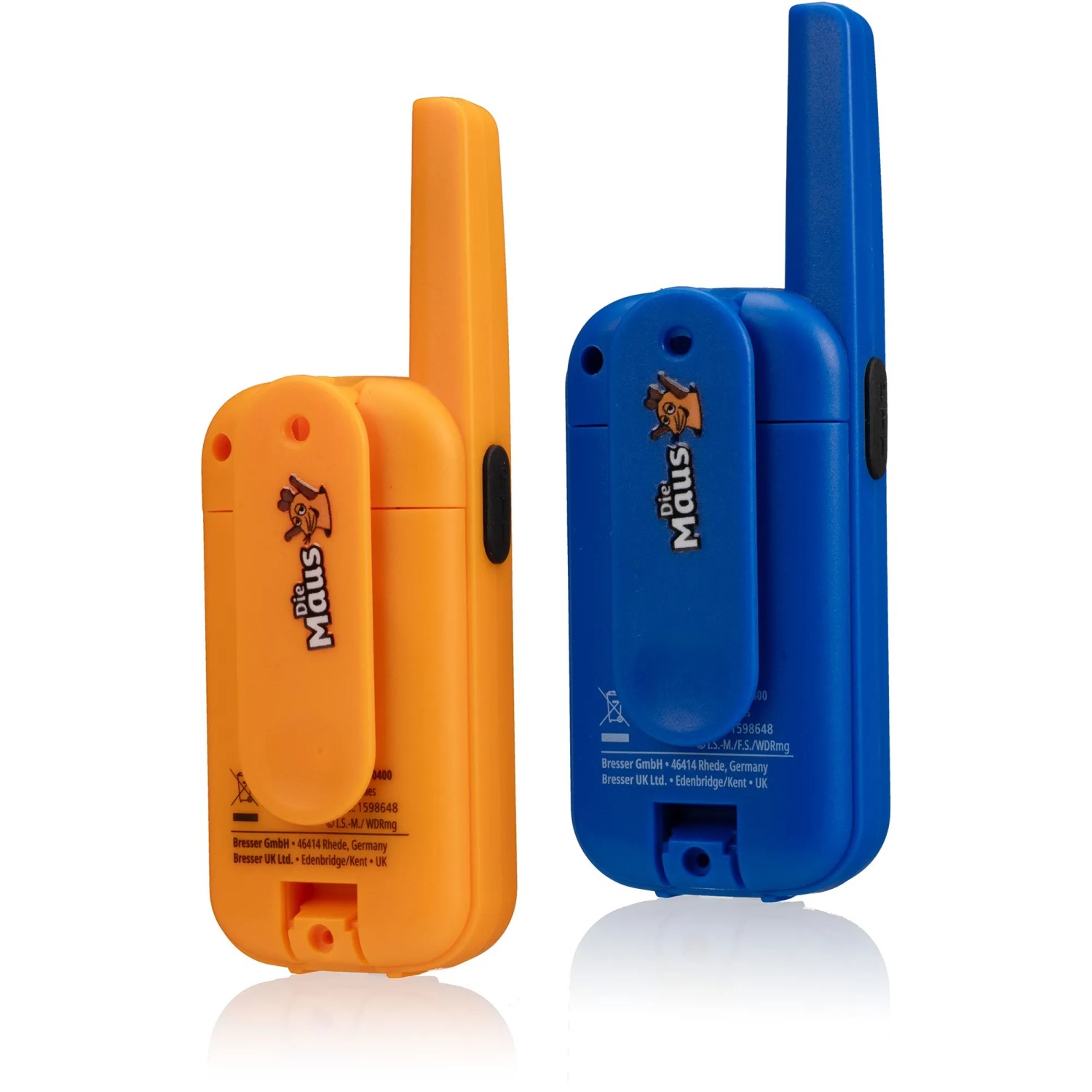 DieMaus Walkie-Talkies (2er Set) in Blau und Orange für Kinder, ideal zum Spielen im Freien.