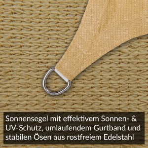 Detailaufnahme: Sandfarbenes Toldoro Sonnensegel (4x4m) mit Edelstahl-Öse. Quadratisches HDPE-Gewebe für UV-Schutz im Garten.